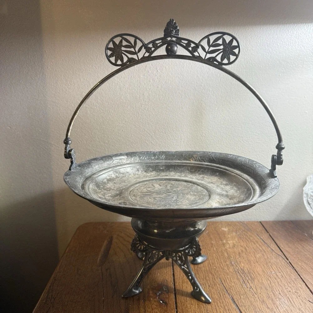 Vtg Victorian Silverplate Bride's Basket Pedestal Bowl